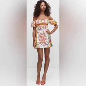 MANGO Ruffled Dress with Puff Sleeves in Multi-Colored Print